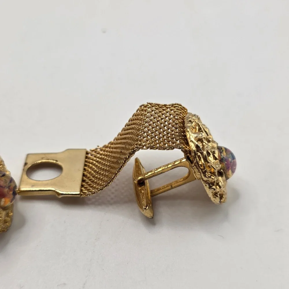 Vintage Cufflinks Mens Gold Tone Mesh Wrap Faux Fire Opal MCM Textured Nugget